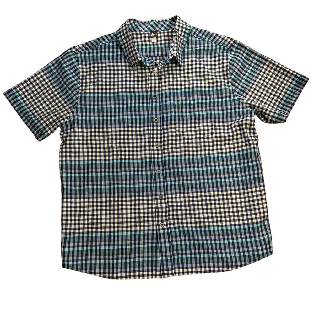 🌻 2/$20 Tea Men’s Button Up Short Sleeve Shirt Lamu Plaid Blue